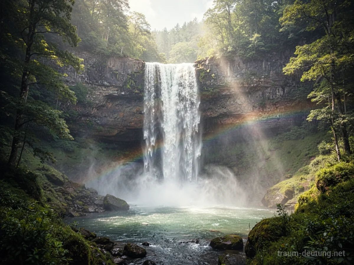 Ein hoher Wasserfall stürzt in ein nebeliges Becken, umgeben von grünen Bäumen.