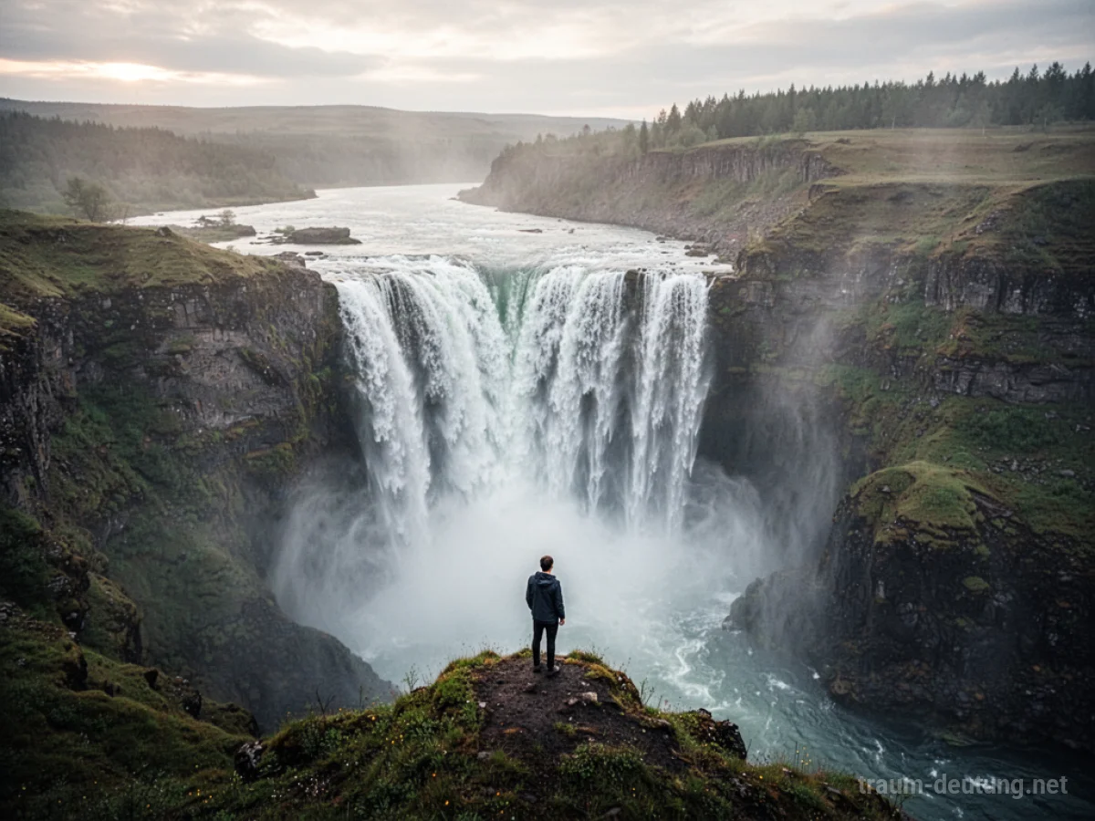 Eine Person steht am Rand eines hohen Wasserfalls und blickt in den Nebel.
