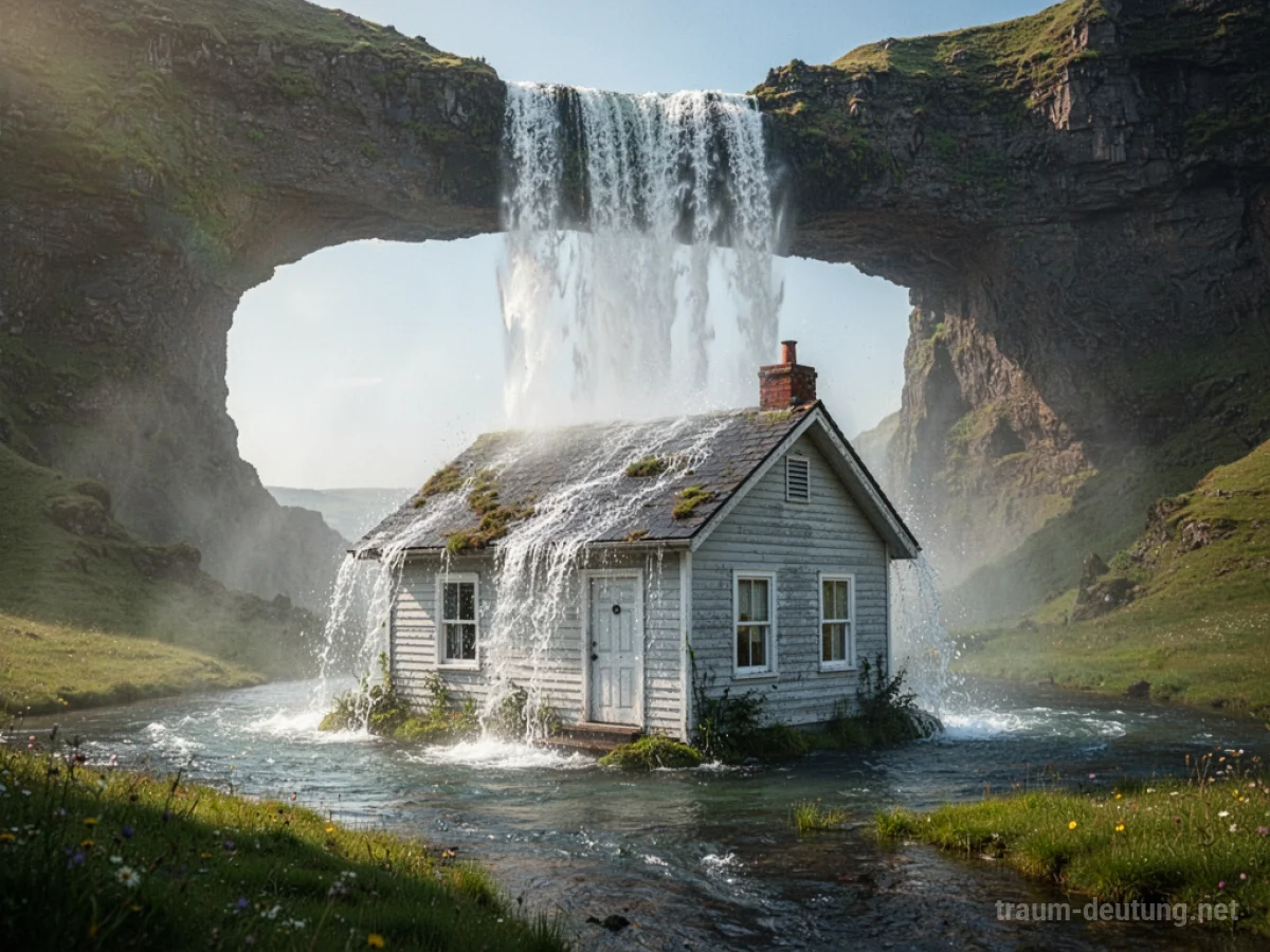 Ein Wasserfall fließt direkt über das Dach eines Hauses, umgeben von einer ruhigen Landschaft.