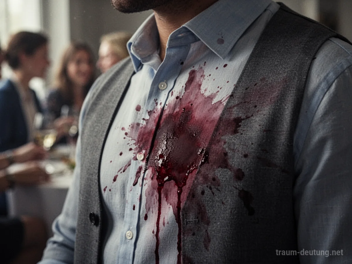 Wein auf Kleidung im Traum, eine rote Flüssigkeit breitet sich auf Stoff aus.