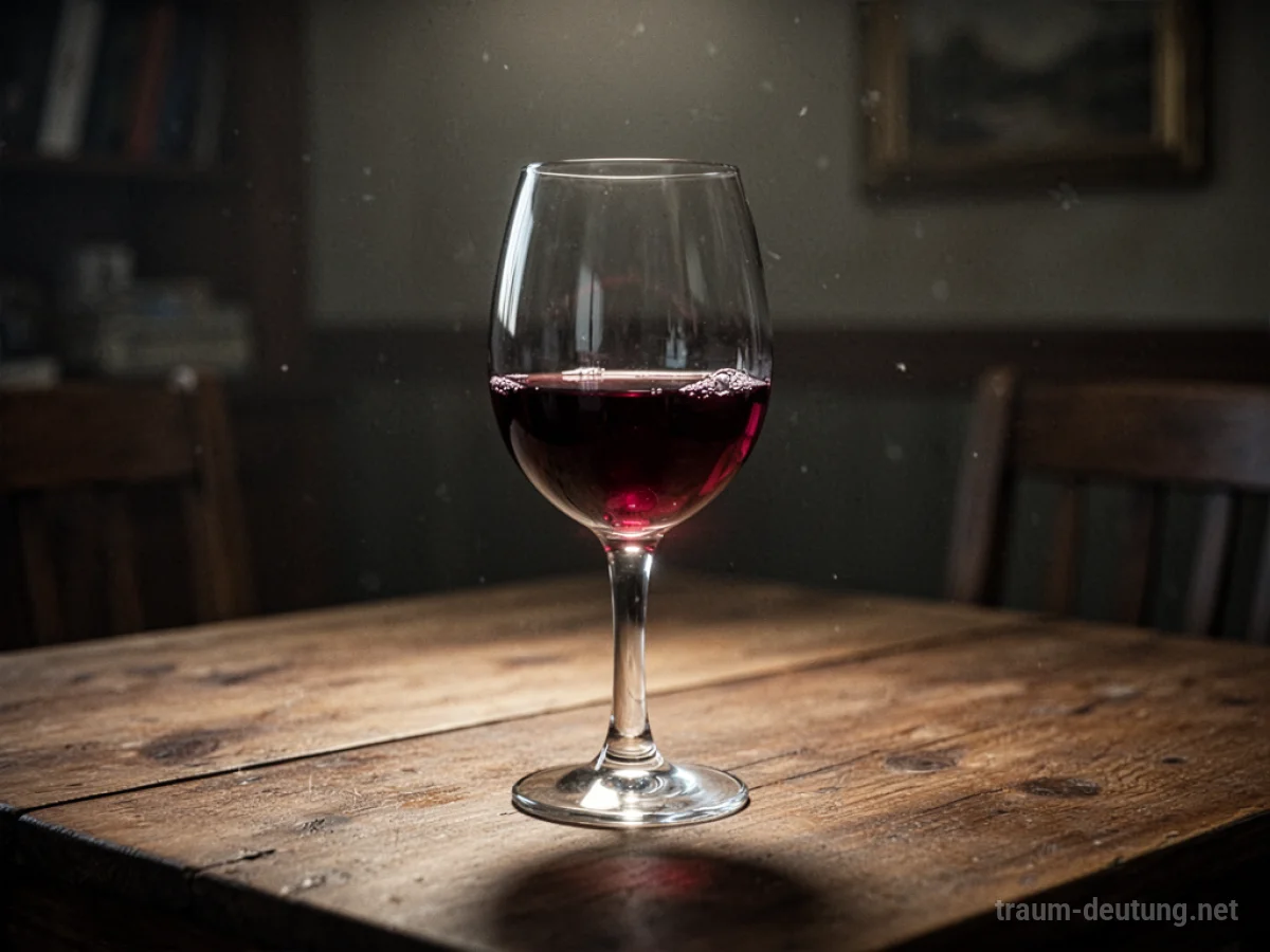 Ein Glas Rotwein auf einem Holztisch in einem gedämpft beleuchteten Raum