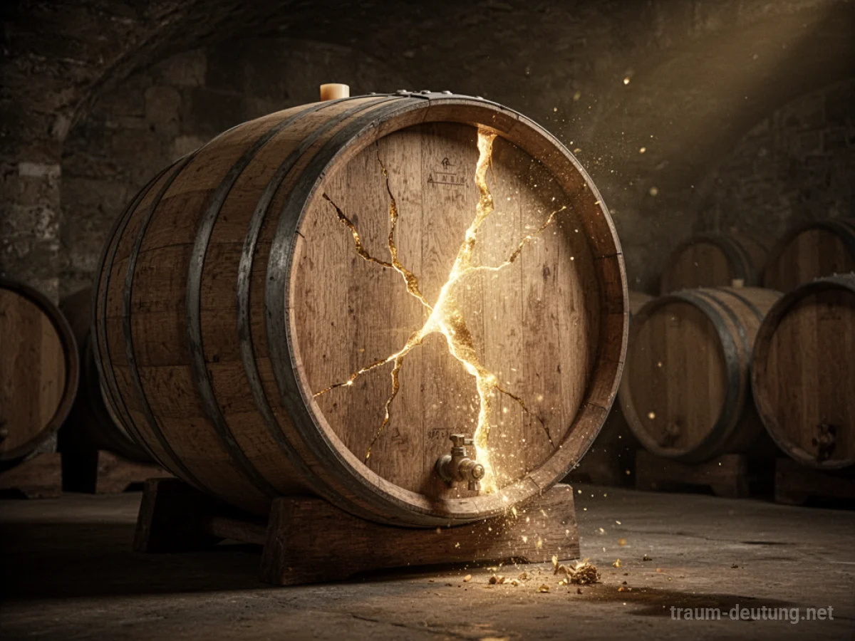 Holzfass mit Wein und goldenem Lichtschein im Keller