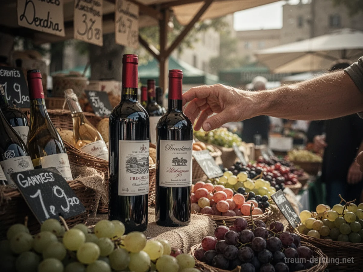Hand greift nach Weinflasche auf einem Marktstand