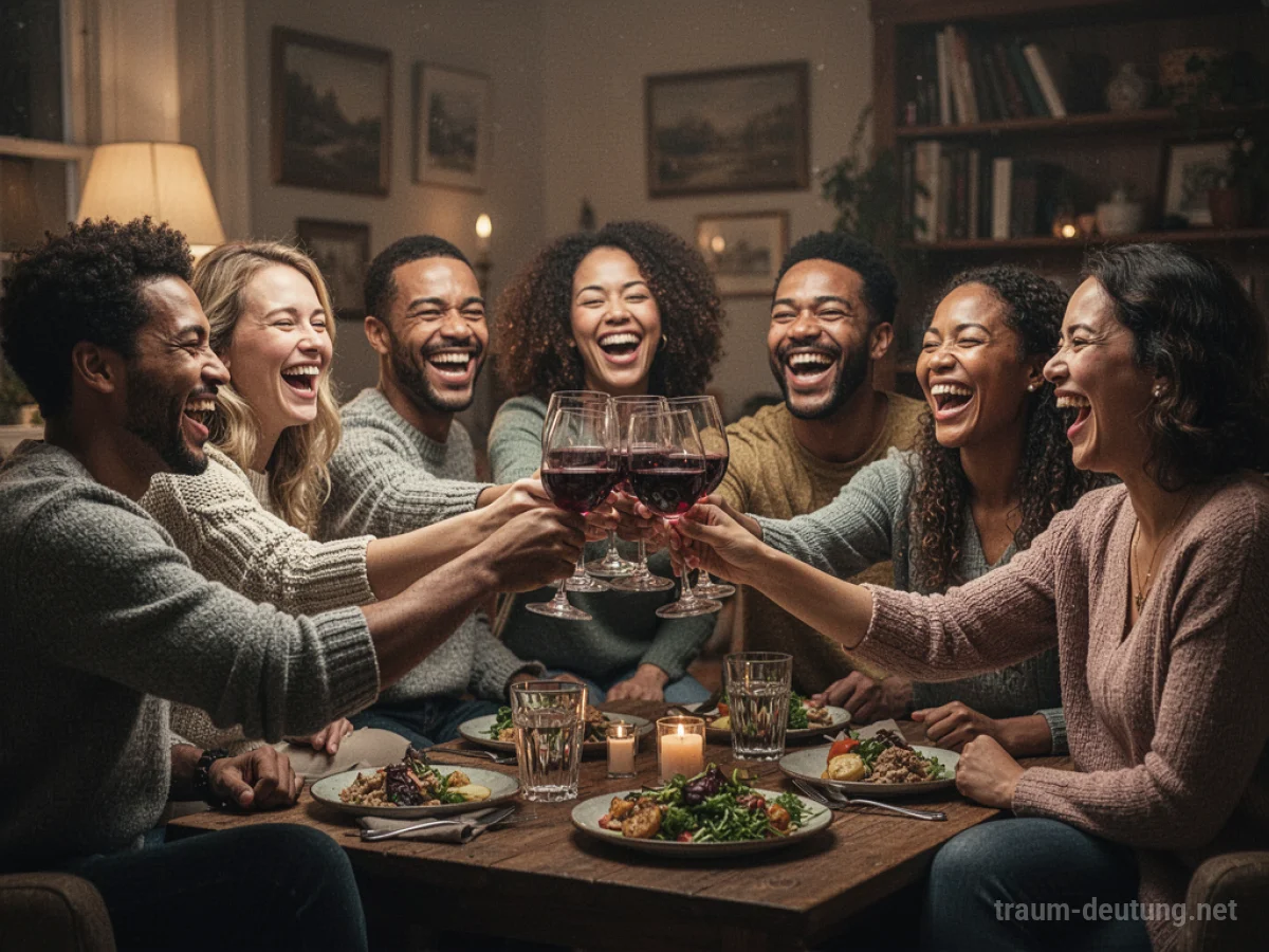 Freunde stoßen mit Weingläsern an und lachen in einem gemütlichen Raum.
