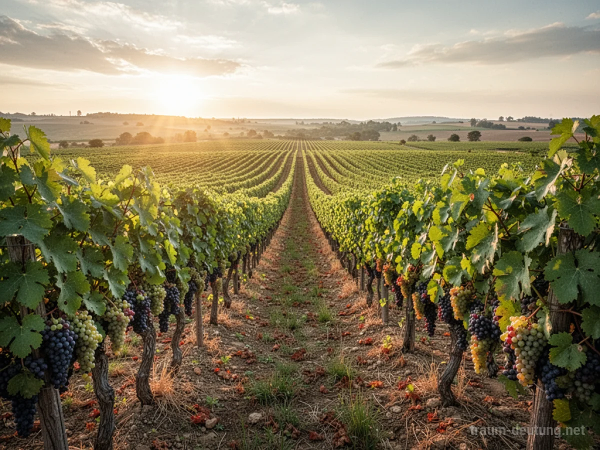 Weitläufiger Weinberg unter strahlendem Sonnenschein mit reifen Trauben.