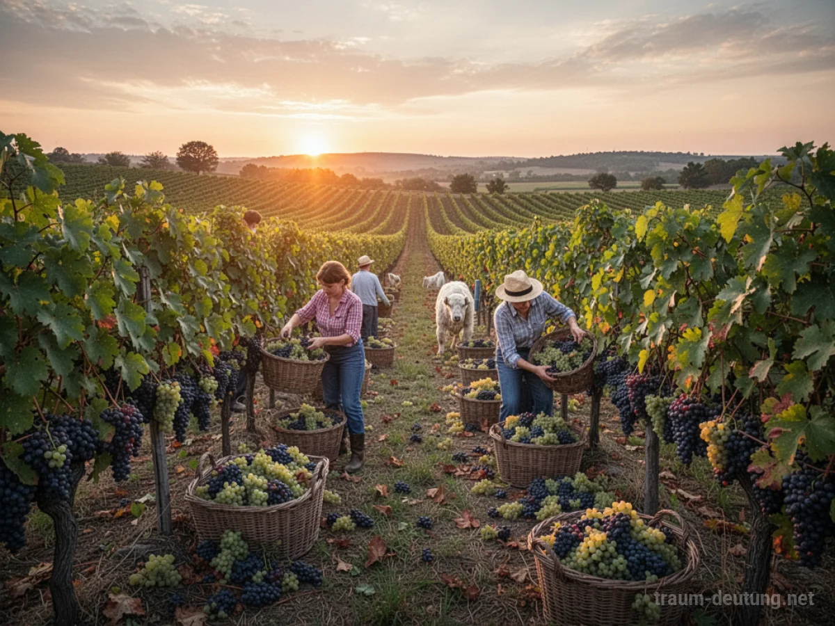 Menschen ernten Trauben im Weinberg bei Sonnenuntergang.