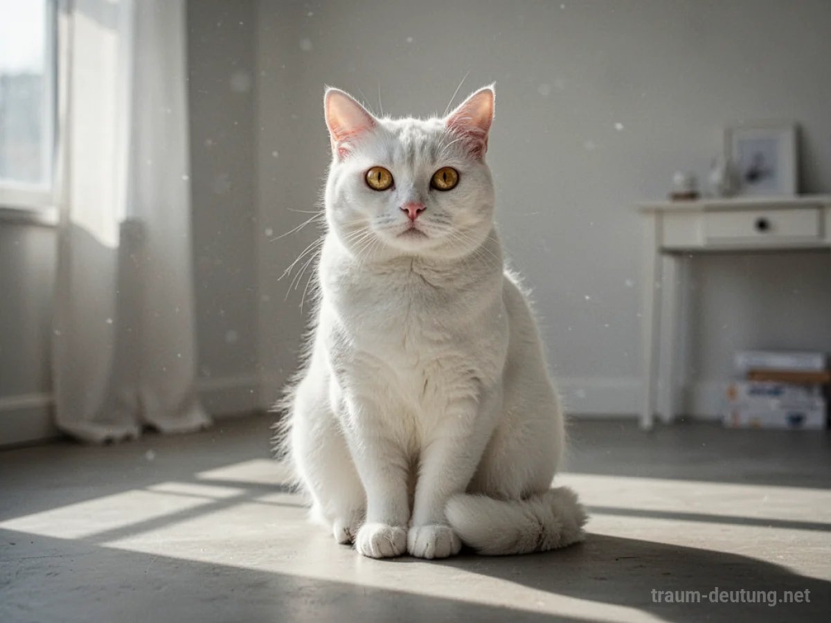 Eine weiße Katze sitzt ruhig in einem hellen Raum.