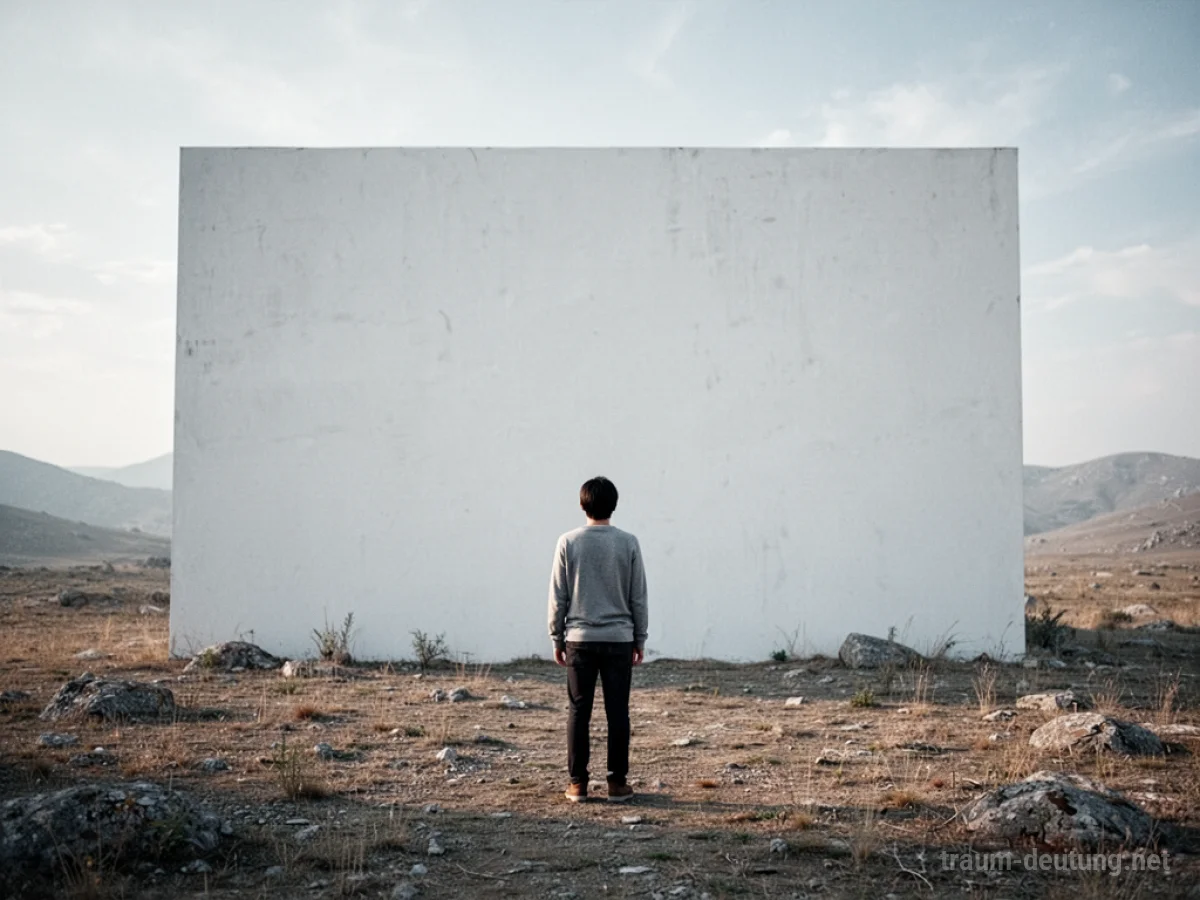 Eine Person steht vor einer riesigen, weißen Wand in einer leeren Landschaft.