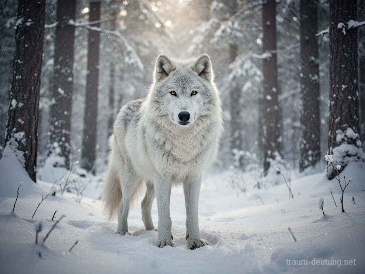 Ein weißer Wolf in einem verschneiten Wald.