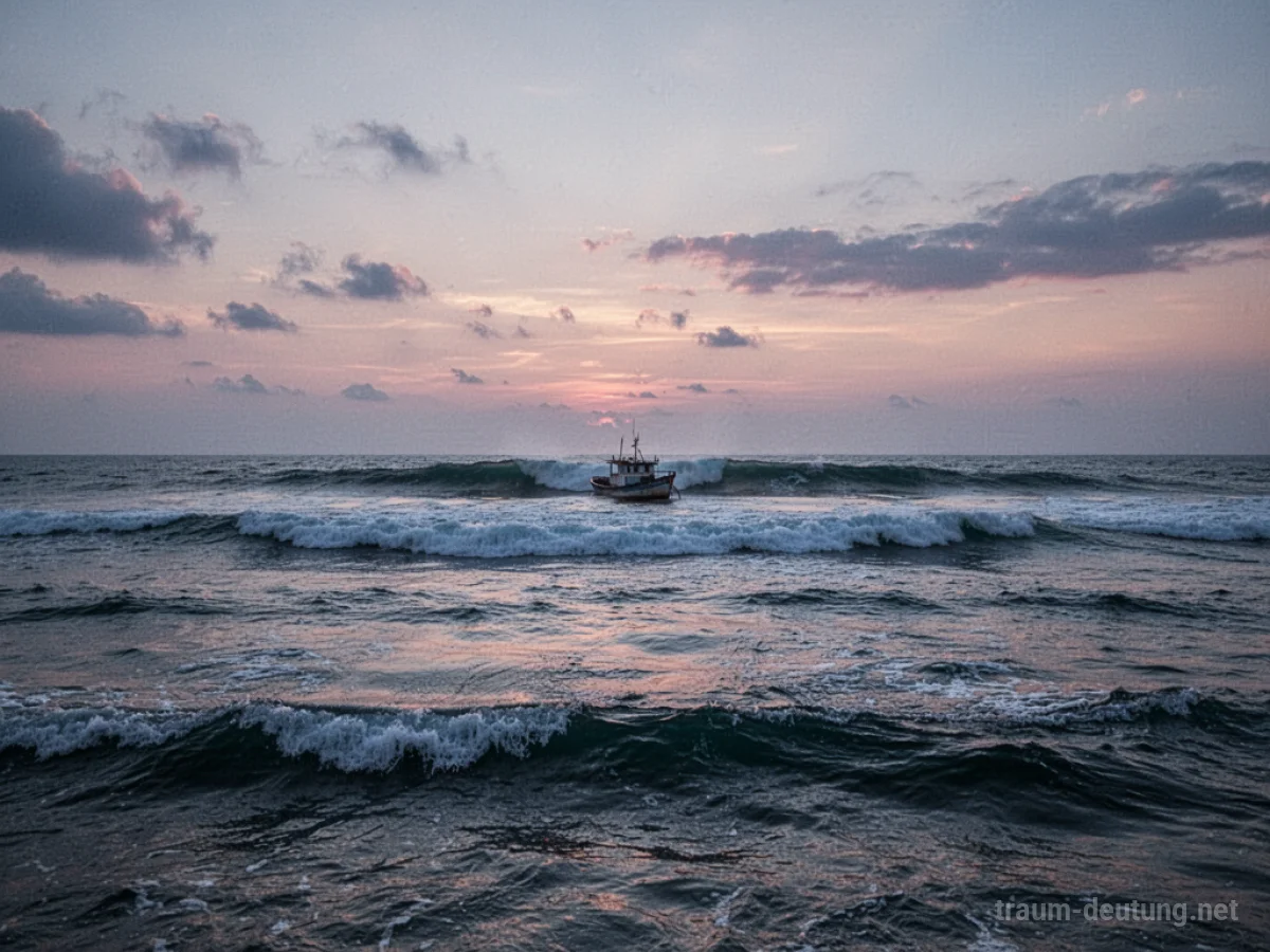 Horizont mit fernen Wellen am Abendhimmel, ein kleines Boot in der Distanz.