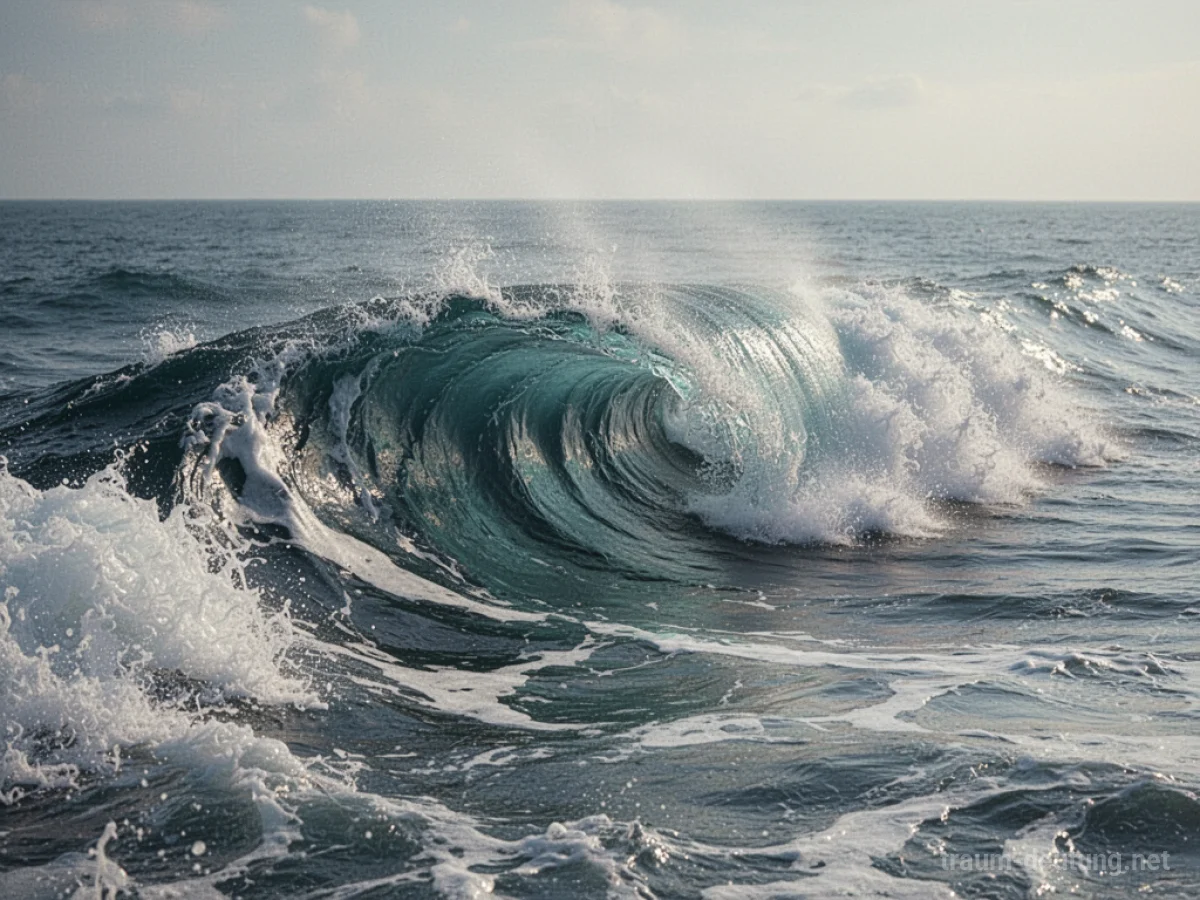 Eine tosende Welle mit weißer Gischt bricht sich im Meer.