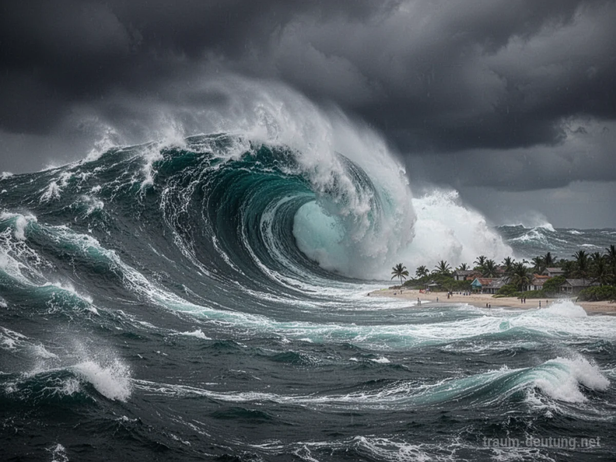 Eine riesige Welle verwandelt sich in einen Tsunami und verschlingt eine Küste unter einem dunklen Himmel.