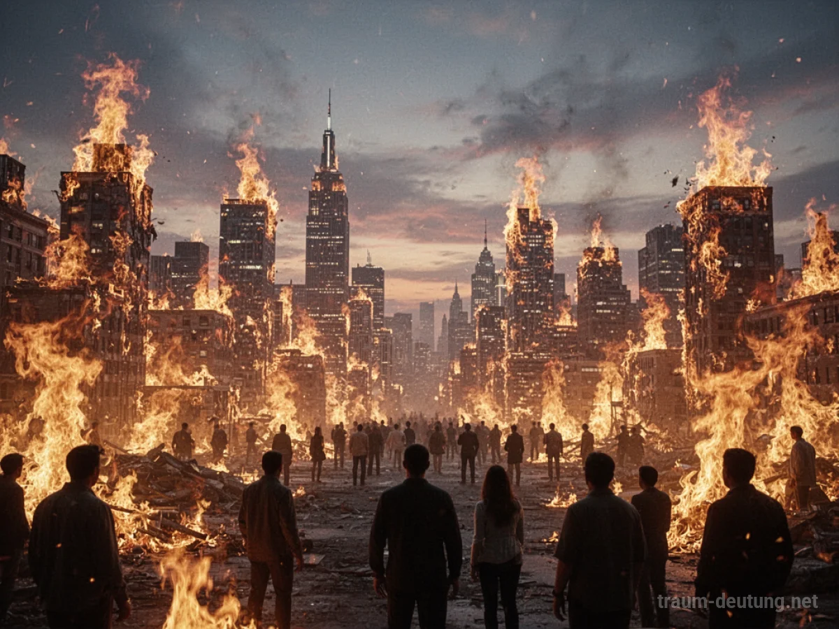Symbolische Darstellung einer brennenden Stadt bei Sonnenuntergang.