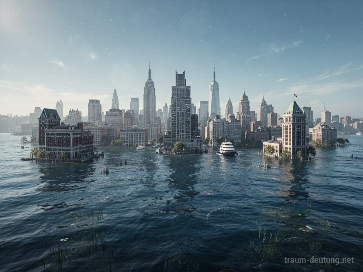 Stadtlandschaft, die von Wasser bedeckt ist, mit Gebäuden, die aus der Oberfläche ragen.