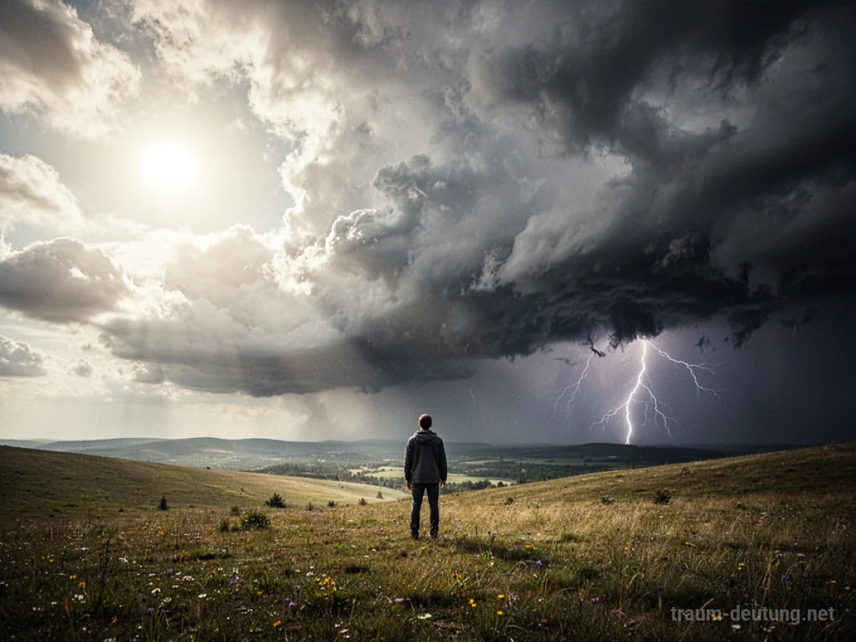Schneller Wechsel von Sonnenschein zu Sturm am Himmel mit einer beobachtenden Figur