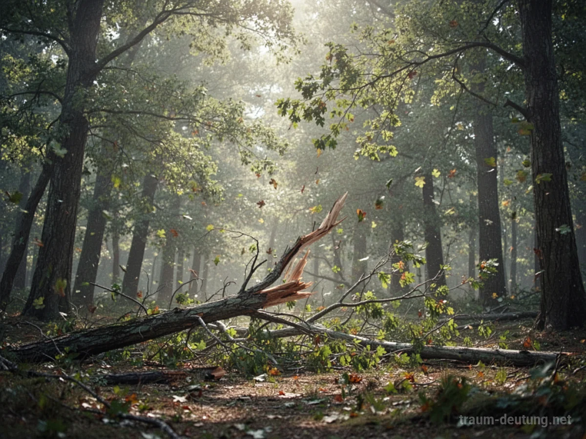 Wind, der Äste von Bäumen abbricht, im Wald