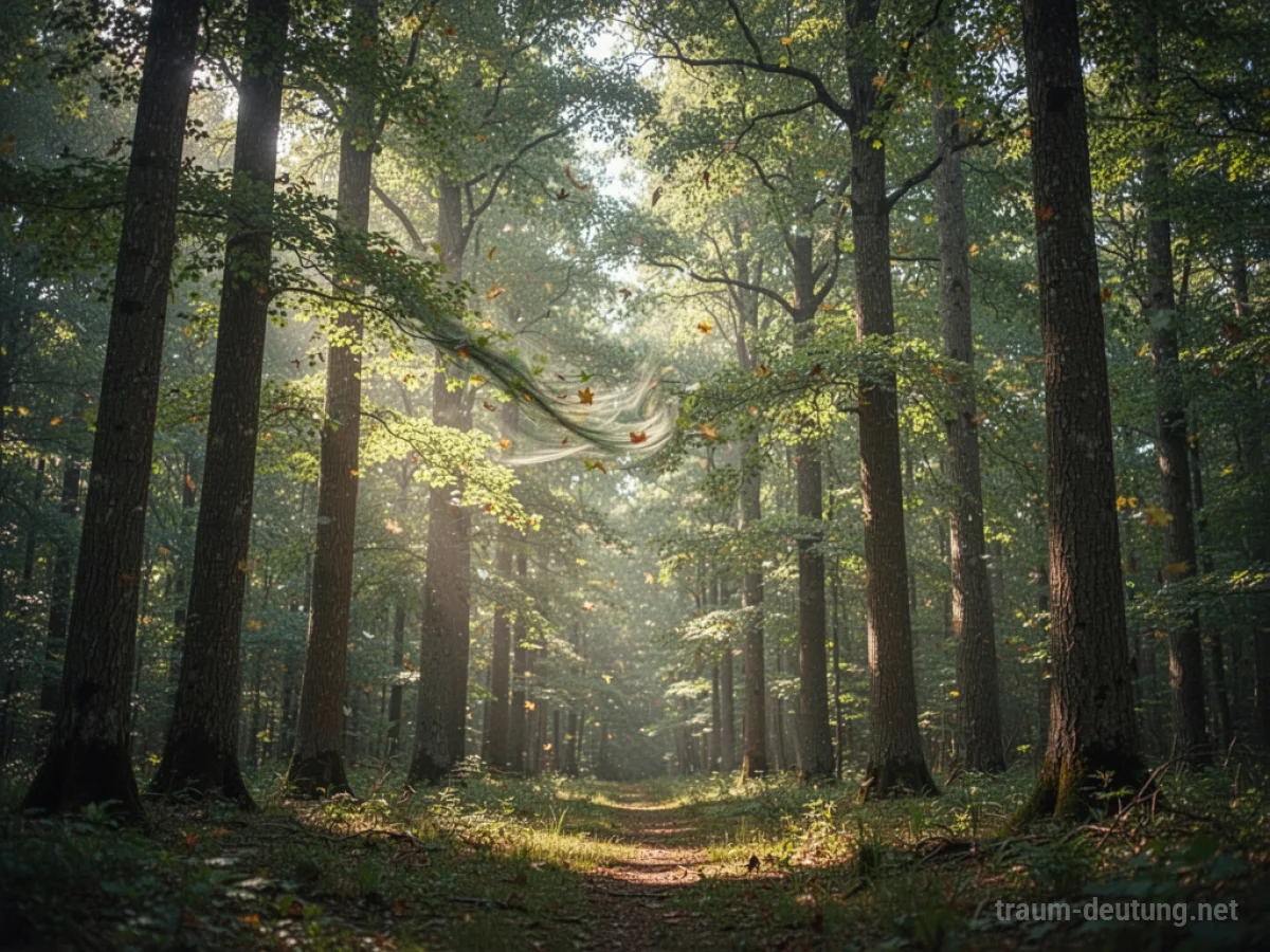 Sanfter Wind, der durch die Blätter hoher Bäume in einem sonnenbeschienenen Wald rauscht.