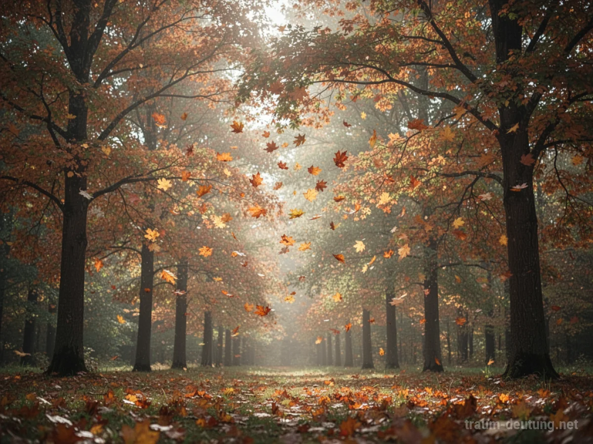 Wind, der Blätter in einem herbstlichen Wald bewegt