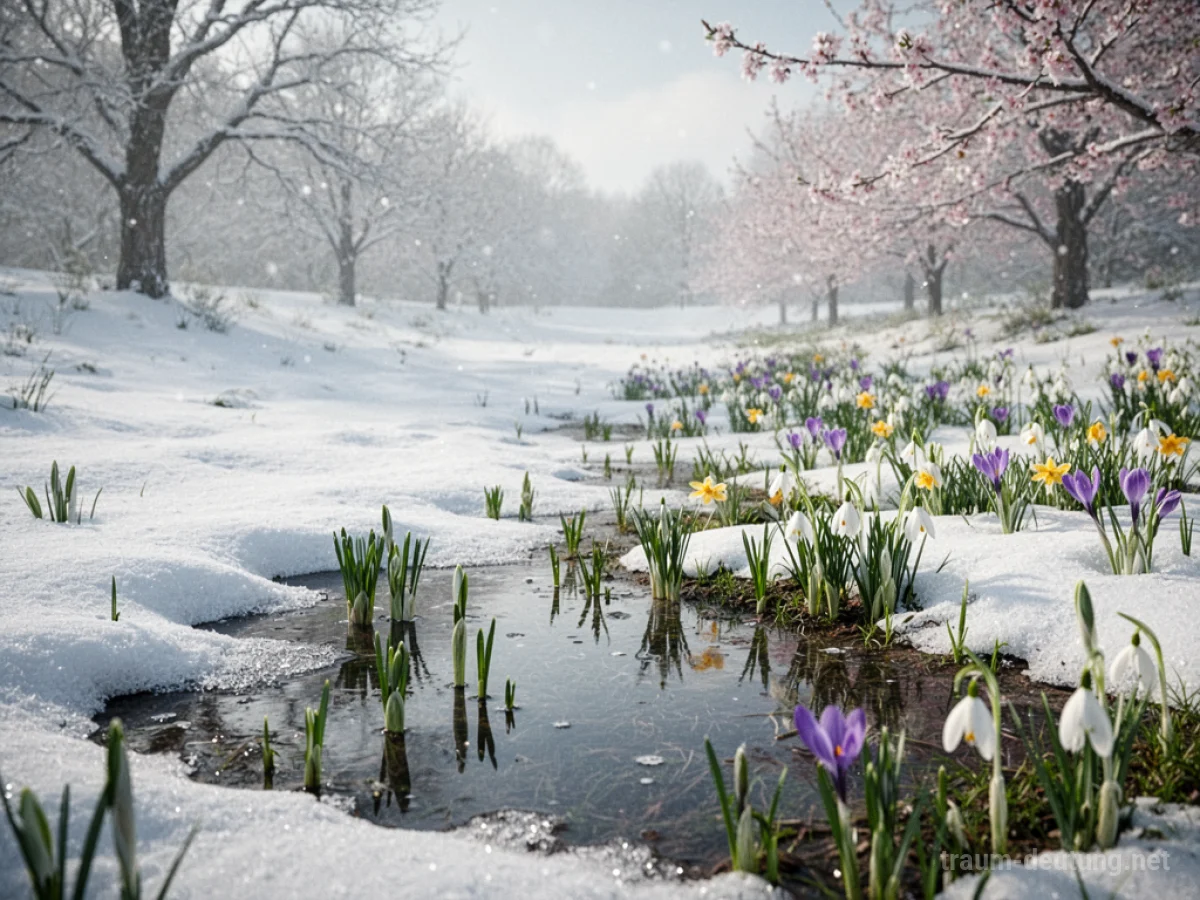 Verschneite Winterlandschaft wandelt sich zu blühendem Frühling.