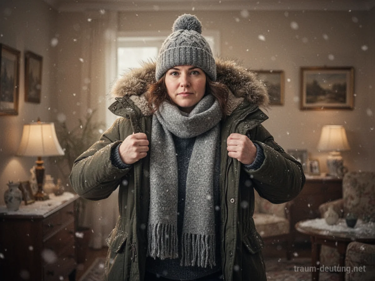 Person zieht Winterjacke, Schal und Mütze an, bereit für Kälte.