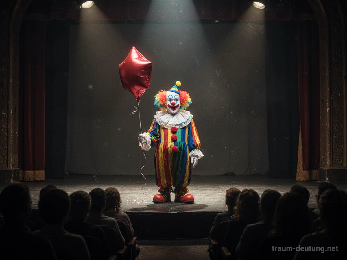 Ein trauriger Clown auf einer dunklen Bühne mit einem leeren Ballon.