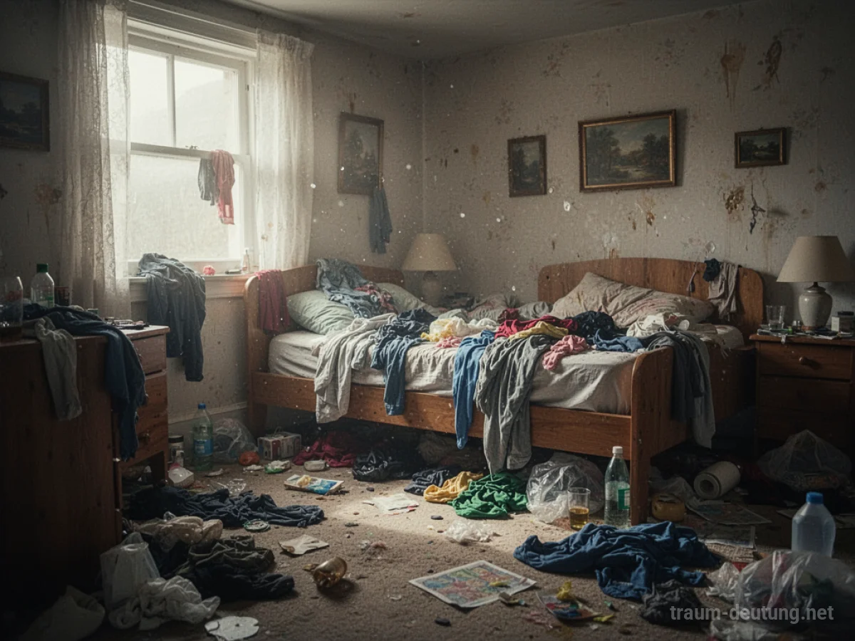 Eine unordentliche Wohnung mit verstreuten Gegenständen und Kleidung.