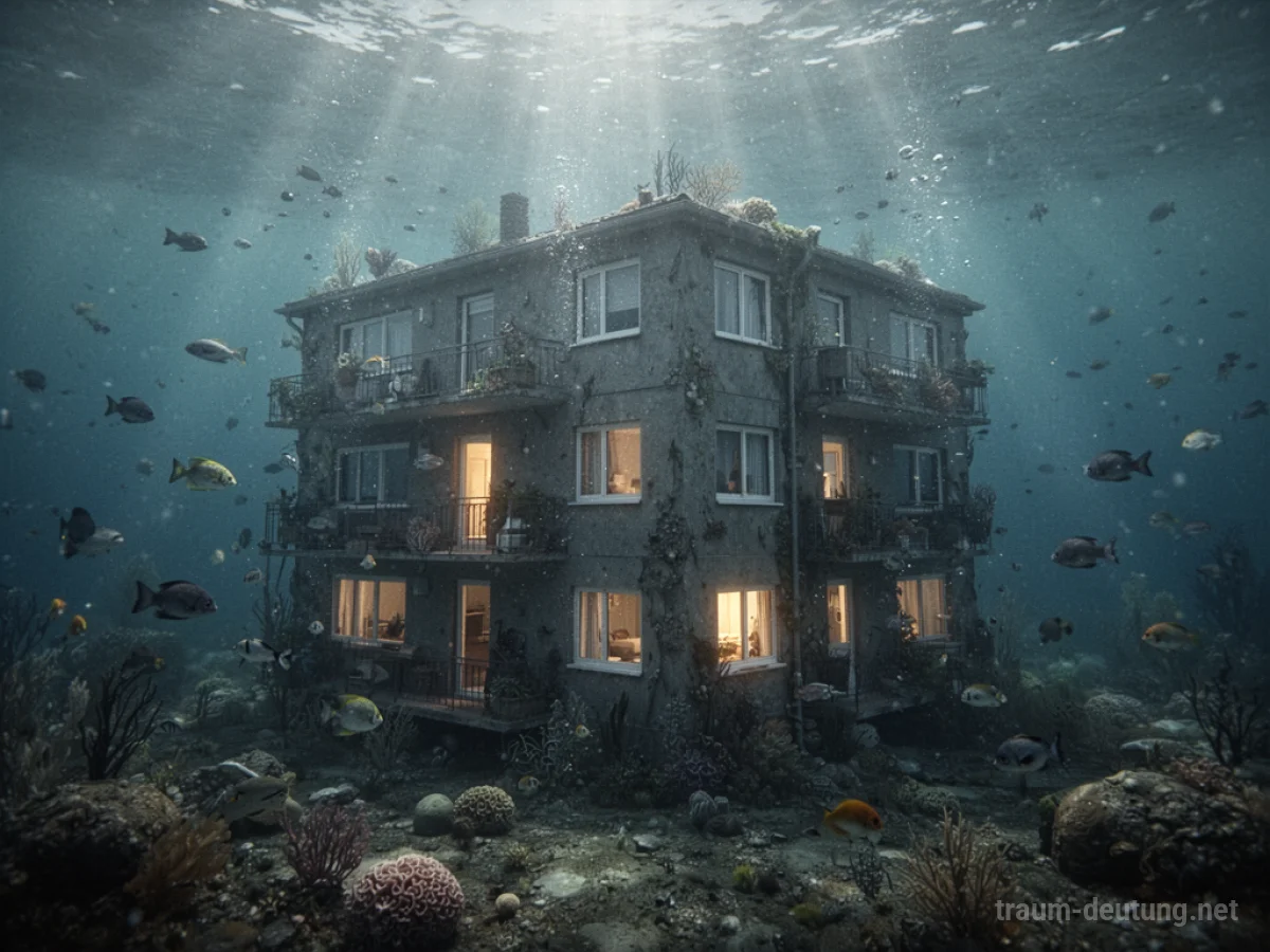 Eine unter Wasser liegende Wohnung, umgeben von dunklem Wasser und Fischen.