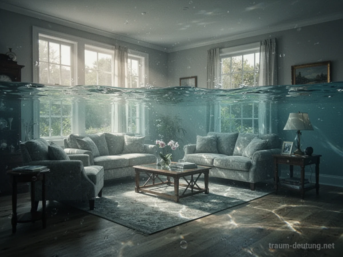 Eine Wohnung, deren Innenraum vollständig mit klarem Wasser gefüllt ist, Möbel schwimmen darin.