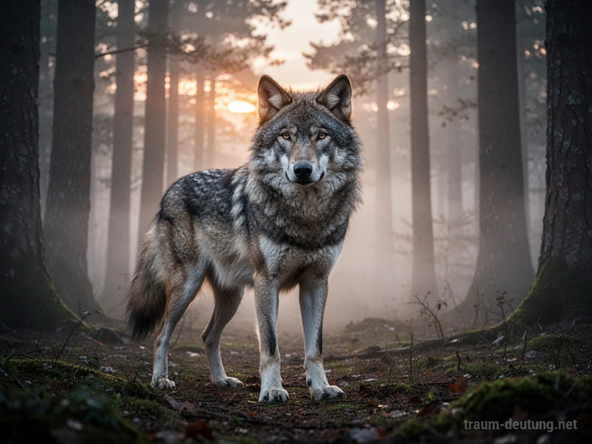 Ein weiser Wolf steht in einem nebligen Morgendwald.