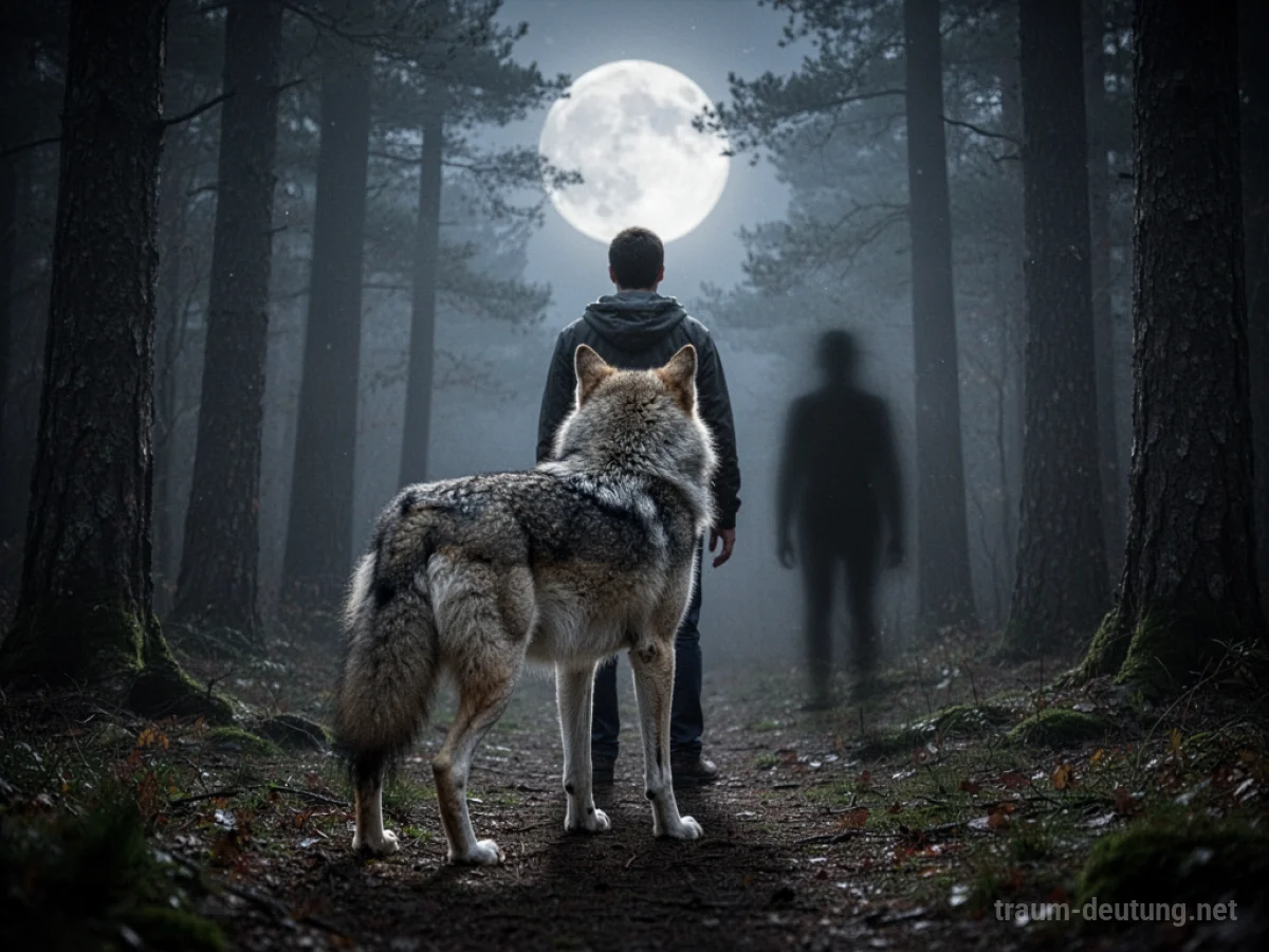 Wolf steht schützend vor einer Person im Mondlichtwald
