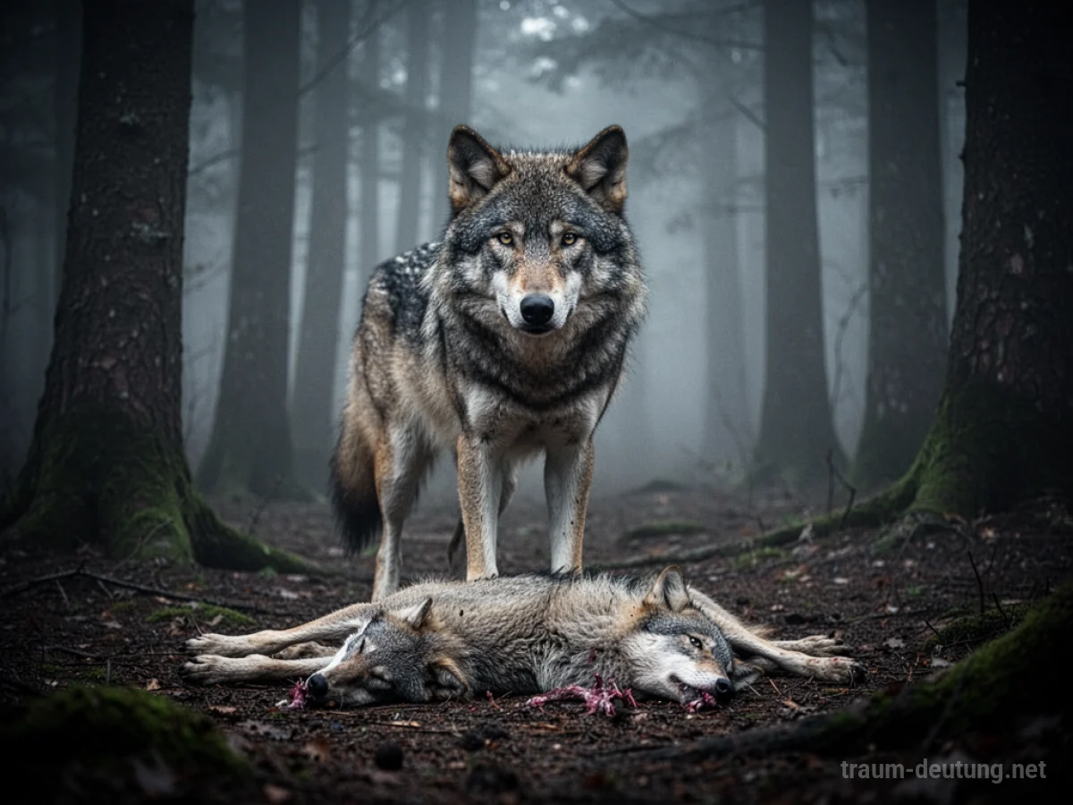 Wolf steht über seiner erlegten Beute in einem nebligen Wald