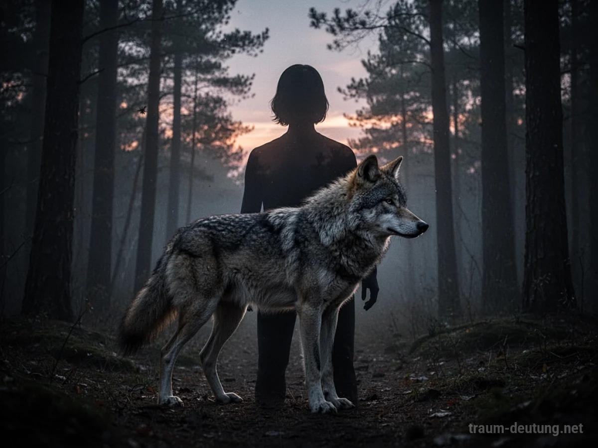 Wolf-Silhouette und Menschen-Silhouette im Dämmerwald, symbolisiert Konfrontation