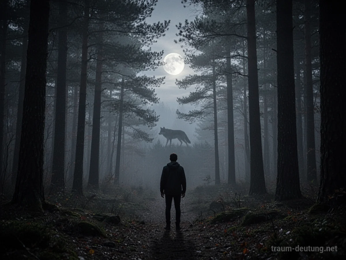 Ein Mensch steht am Rand eines dunklen Waldes, im Schatten lauert ein Wolf.