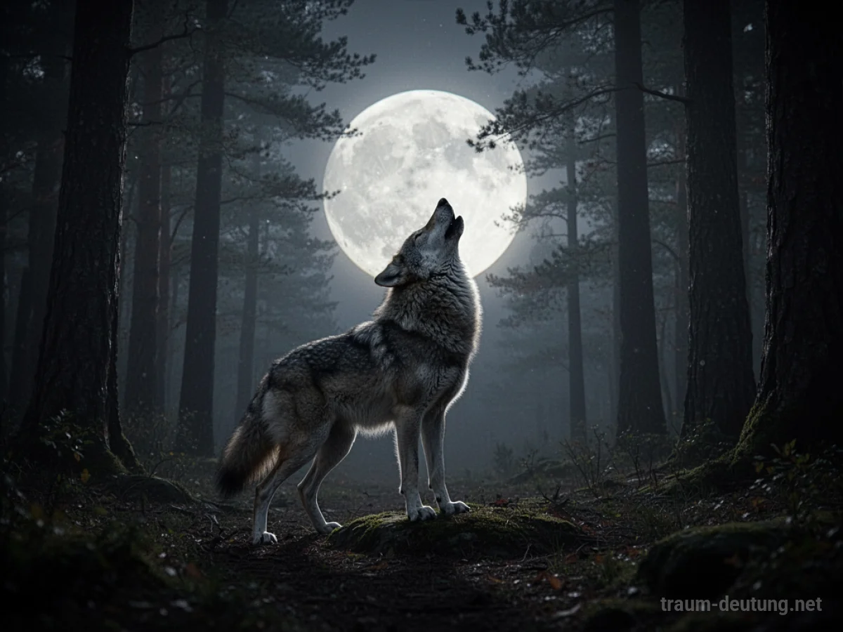 Wolf heult in dunklem Wald bei Vollmond