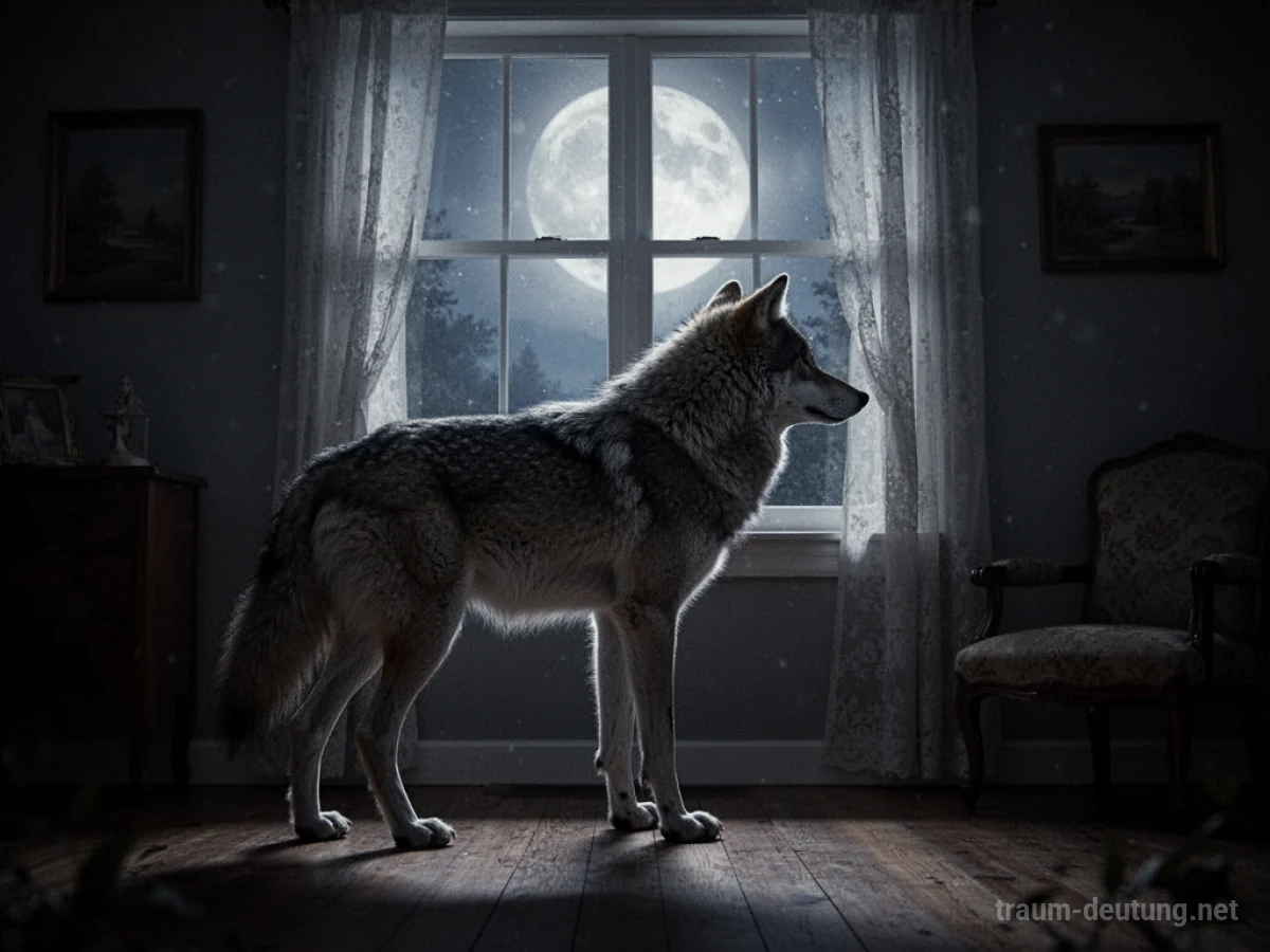 Wolf-Silhouette steht im Haus und blickt aus dem Fenster