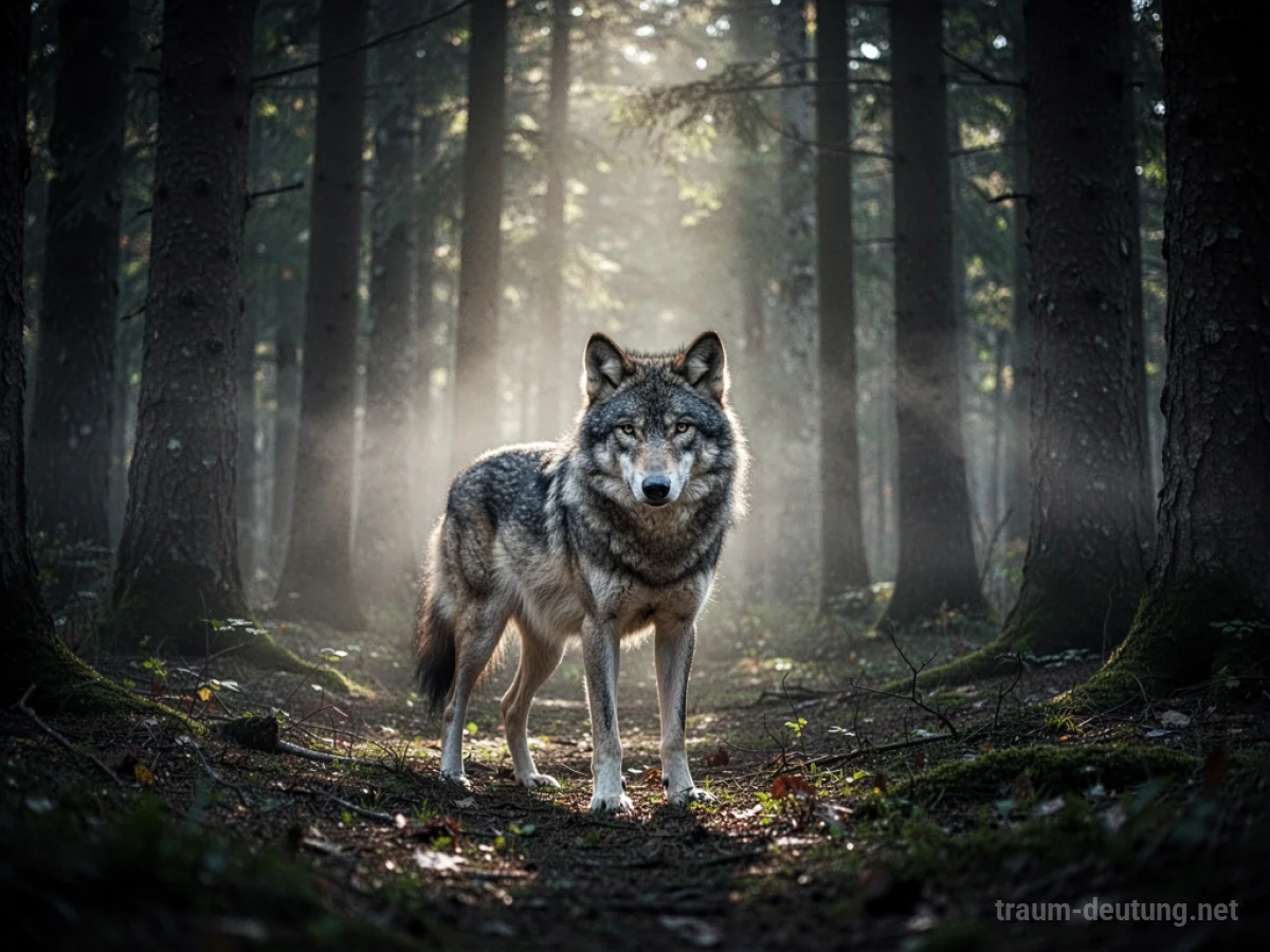 Wolf steht im dichten Wald und blickt aufmerksam in die Ferne.