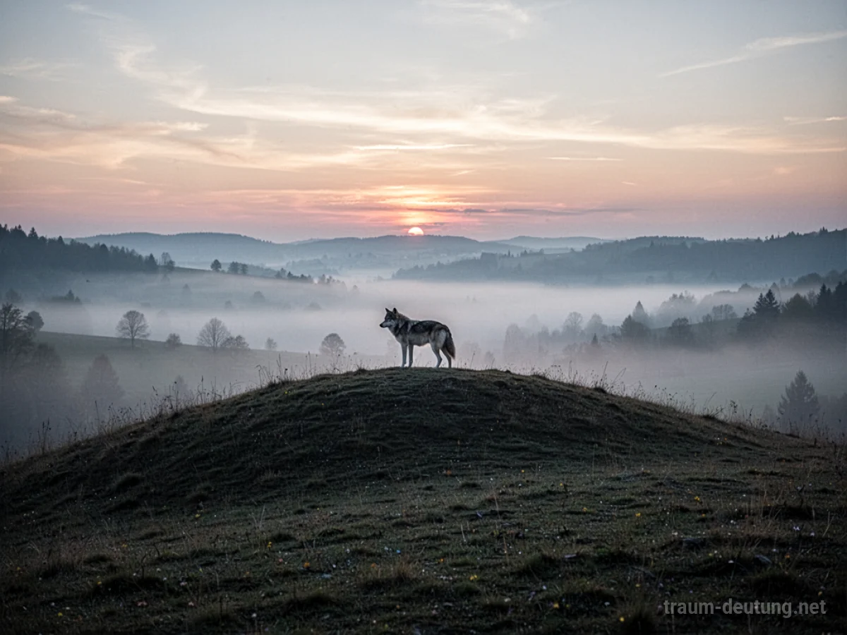 Wolf-Silhouette auf einem fernen Hügel bei Morgengrauen