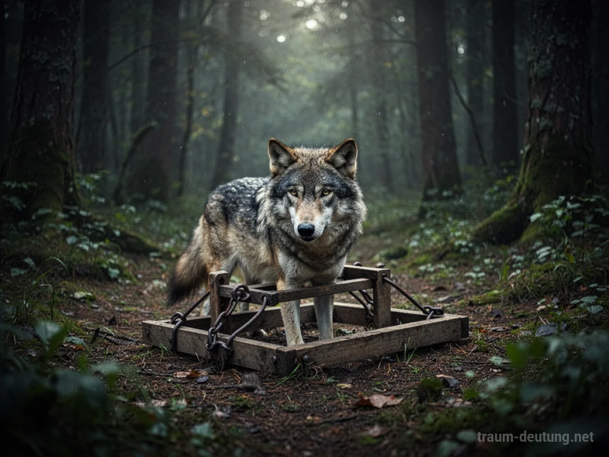 Wolf in einer Falle in einem dunklen Wald