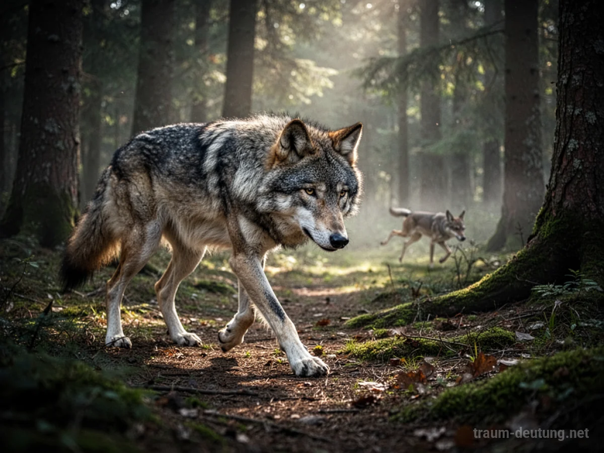 Wolf pirscht sich an Beute im Wald heran