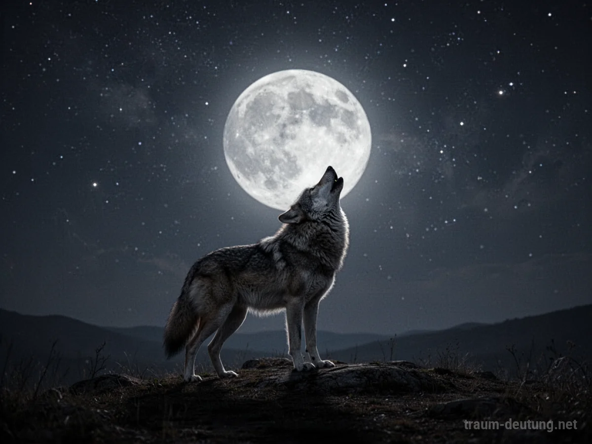 Wolf heult den Mond an, Silhouette vor dunklem Sternenhimmel