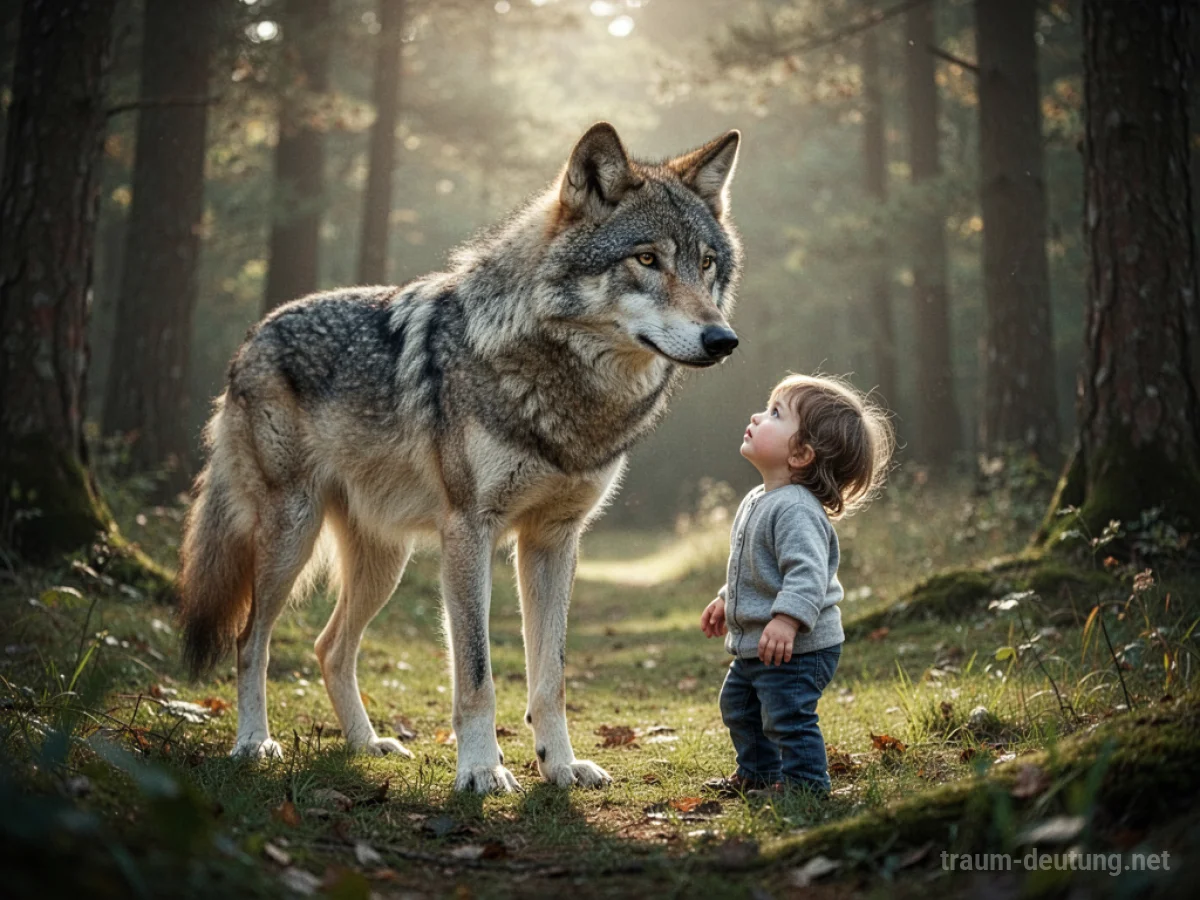 Wolf schützt ein Kind im Wald