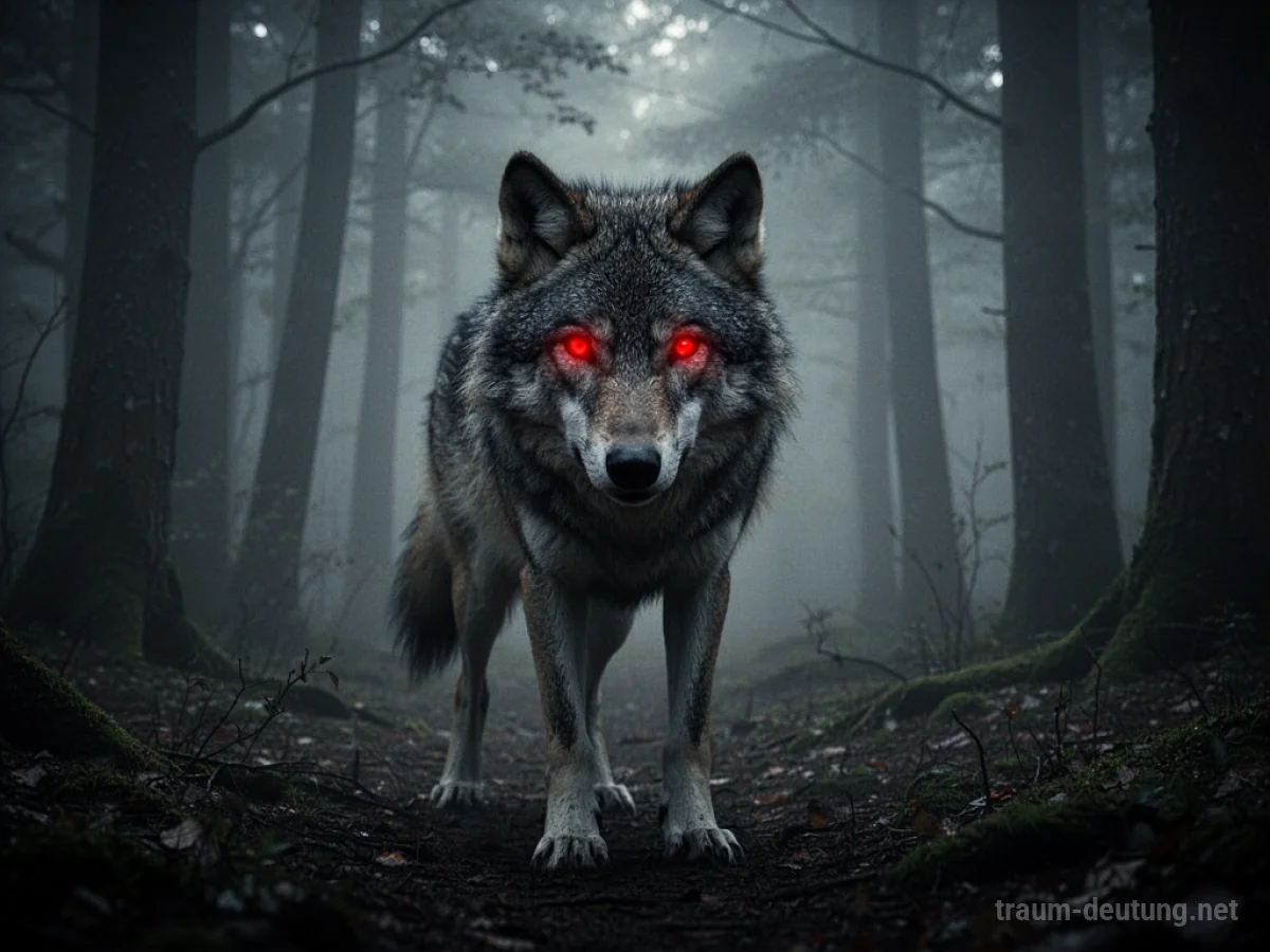 Wolf mit leuchtend roten Augen im Nebelwald