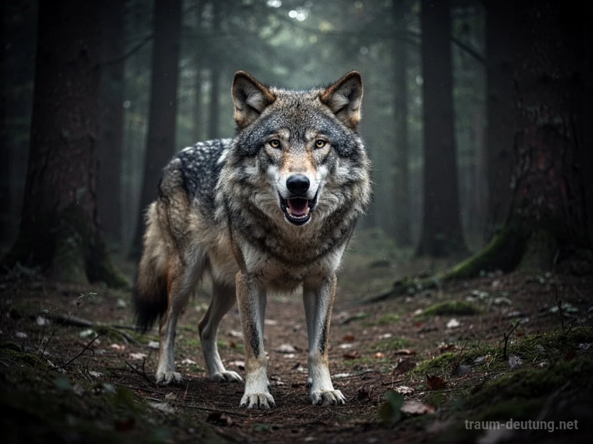 Wolf im Traum ohne sichtbare Zähne in einem Wald