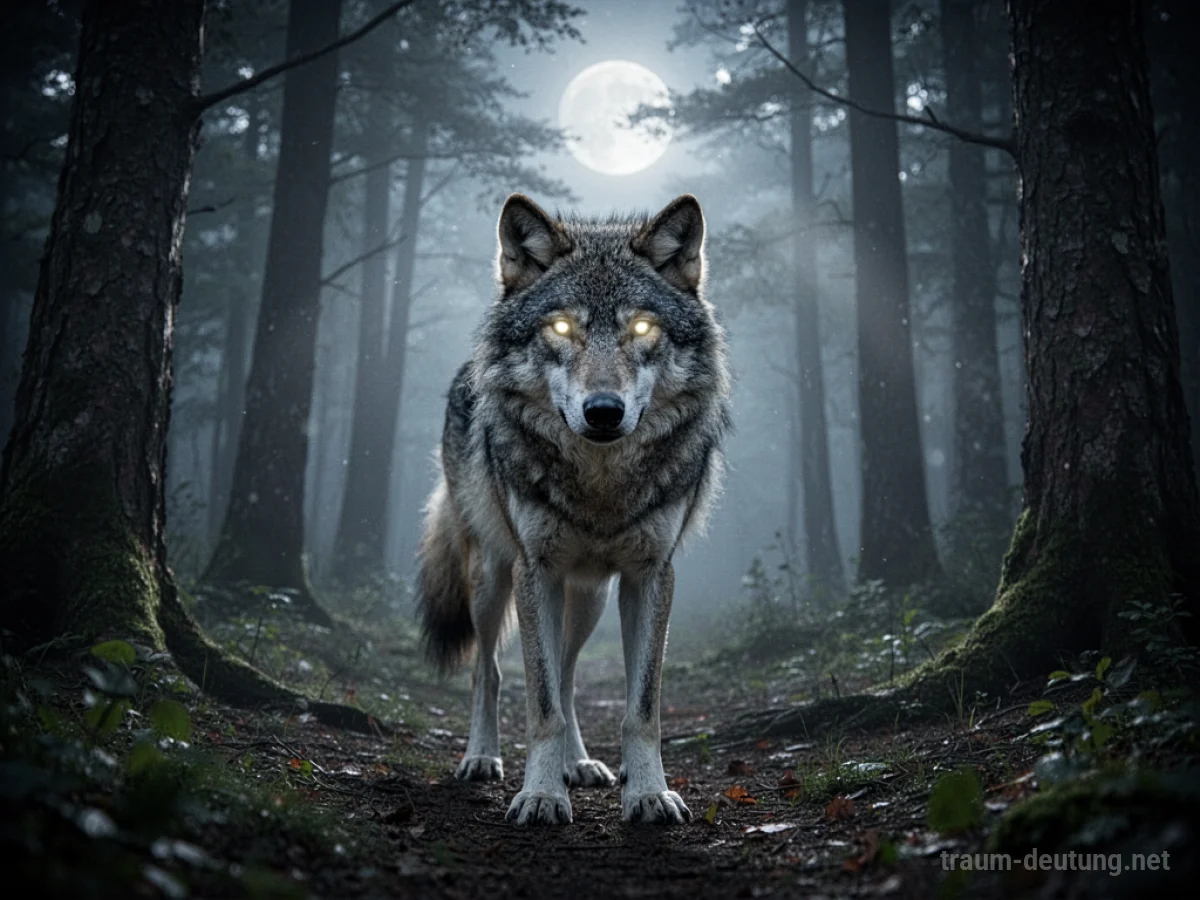 Wolf spricht im Traum mit seinem Betrachter in einem mystischen Wald.