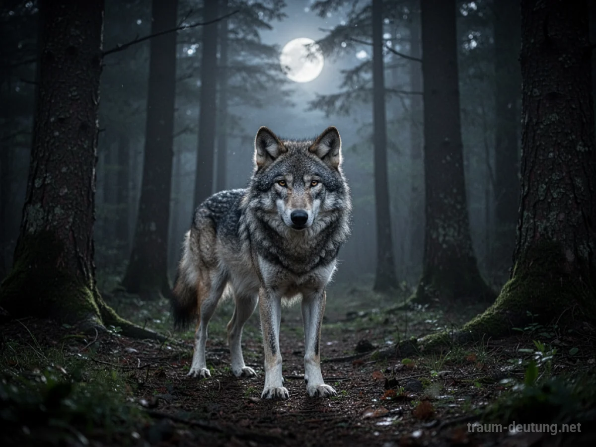 Wolf steht im Dunkel eines Waldes und blickt den Betrachter an