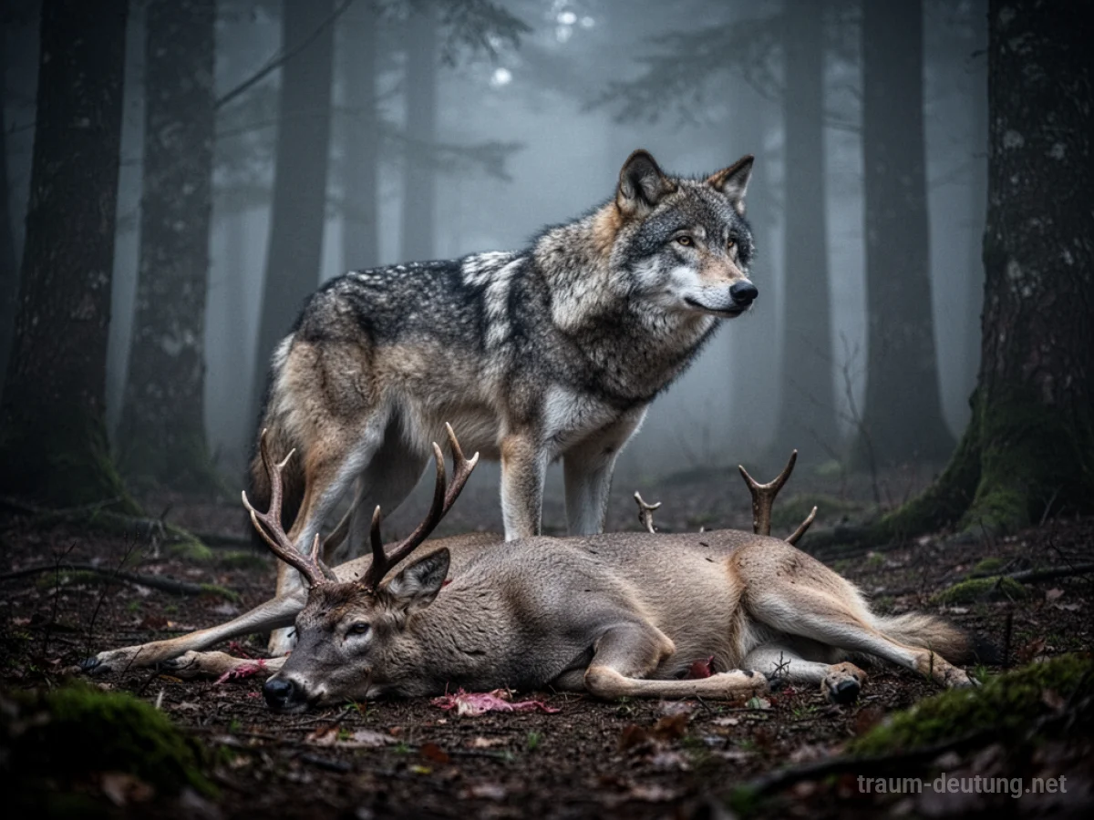 Wolf steht über einem erlegten Tier in einem nebeligen Wald