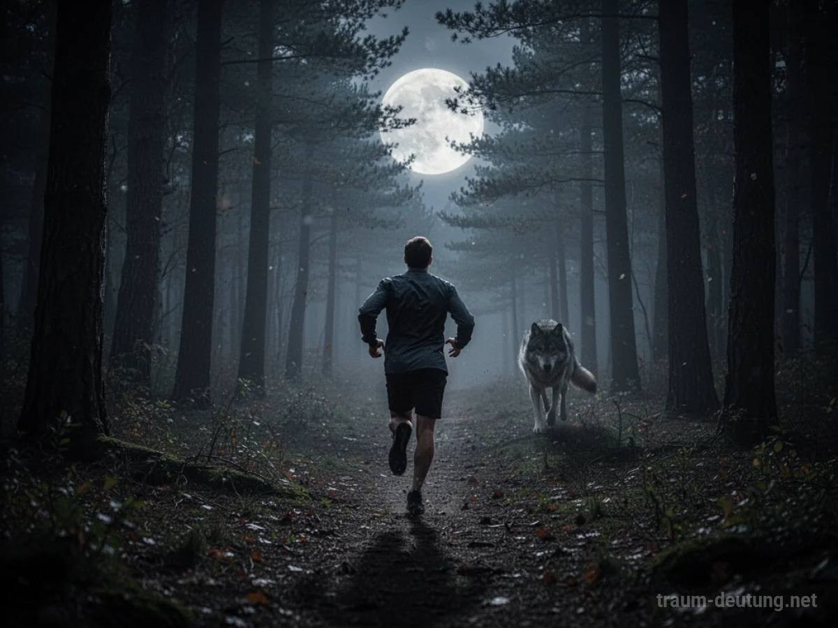 Eine Person rennt durch einen dunklen Wald, verfolgt von einem Wolf im Schatten.