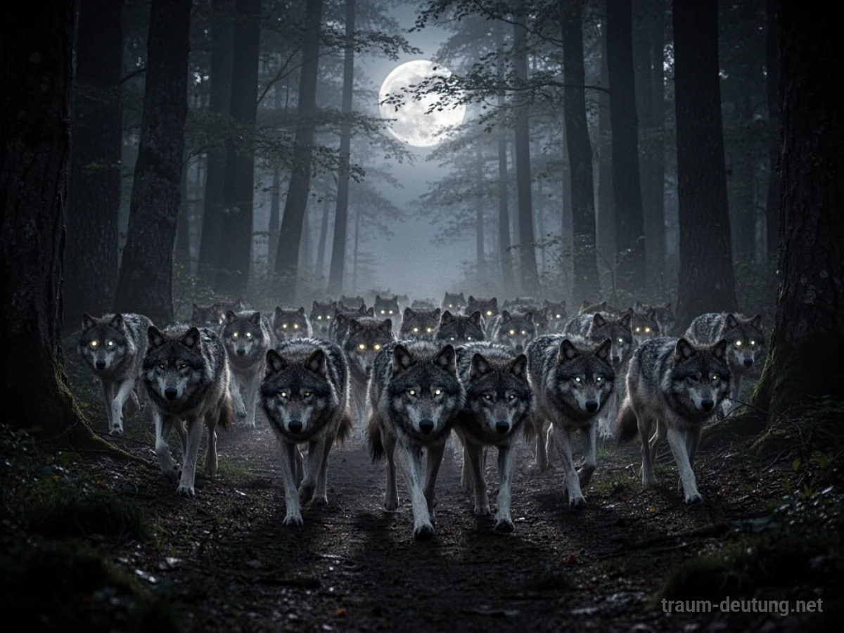 Ein Wolfsrudel bewegt sich durch einen dunklen Wald im Mondlicht.