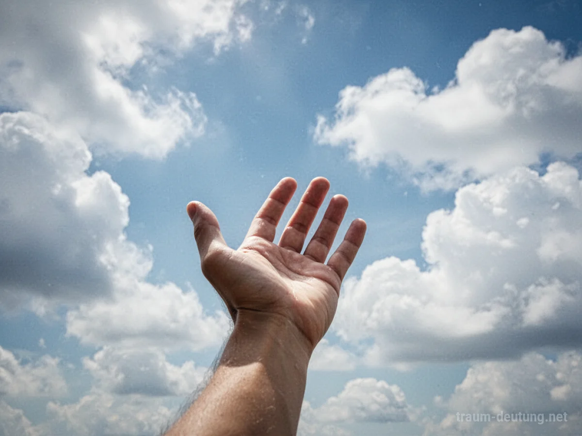 Eine Hand streckt sich nach weißen Wolken am blauen Himmel aus.