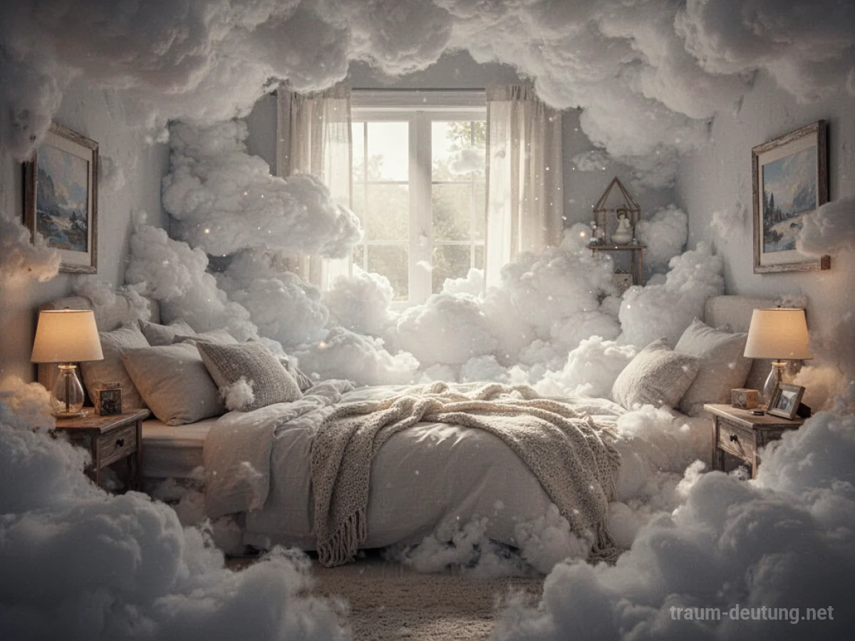 Weiße Wolken füllen ein gemütliches Zimmer, Sonnenstrahlen brechen hindurch.